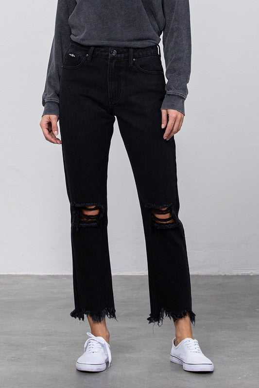 Brooklyn High Waist Frayed Hem Straight Jeans
