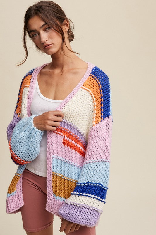 Girly Fall Hand Knit Multi Striped Cardigan [online exclusive]