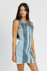 LAKE VIEW COLOR BLOCK DENIM MINI DRESS