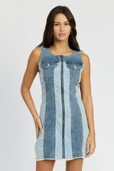 LAKE VIEW COLOR BLOCK DENIM MINI DRESS