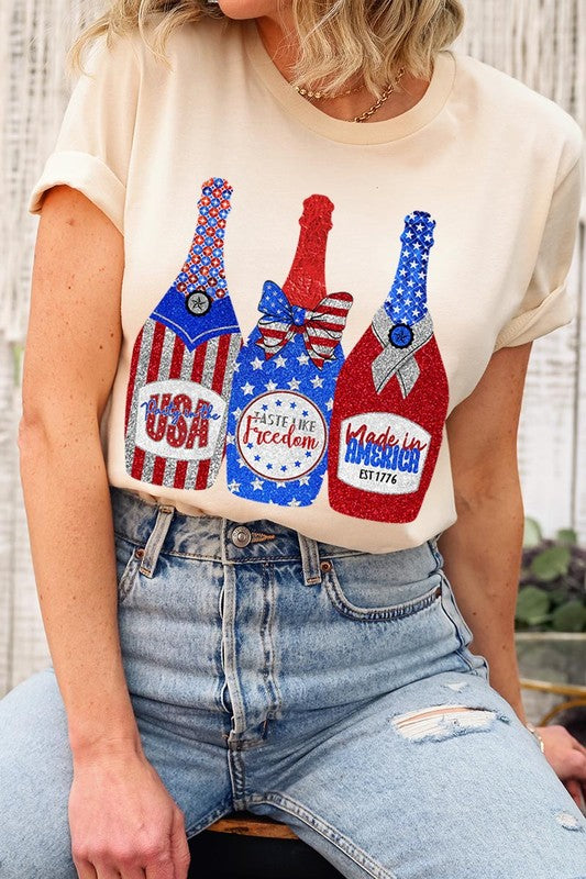 4th of July Babe Faux Glitter Champagne Graphic T-Shirt