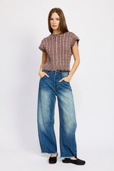 MARLEE KI CABLE KNIT SHORT SLEEVE TOP