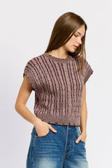 MARLEE KI CABLE KNIT SHORT SLEEVE TOP