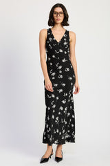 MISS PRIM FLORAL V NECK MAXI DRESS