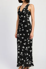 MISS PRIM FLORAL V NECK MAXI DRESS