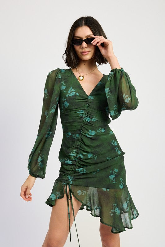 KIKI ASYMMETRICAL RUCHED MINI DRESS