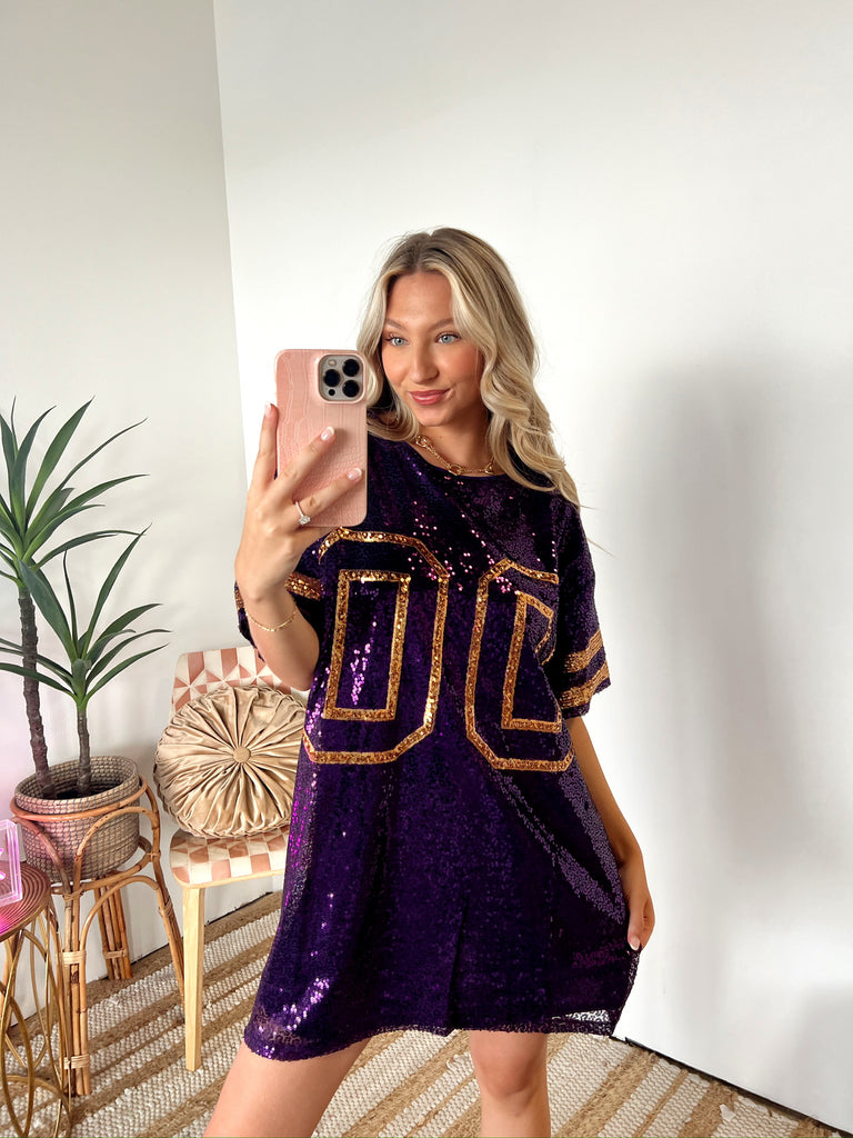 Purple and Gold Sequin Babydoll Jersey Dress