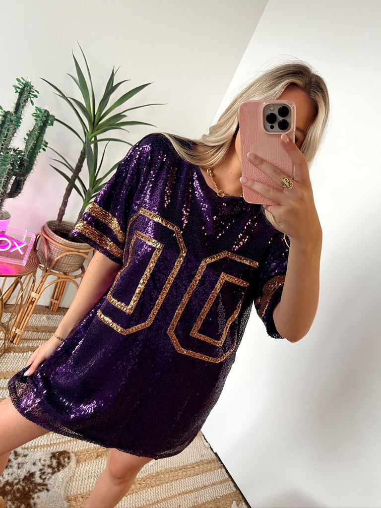 Purple and Gold Sequin Babydoll Jersey Dress