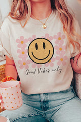 GOOD VIBES ONLY HAPPY FACE DAISIES Graphic T-shirt