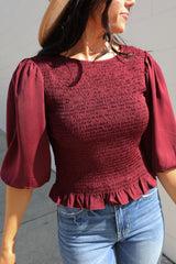 SIZE LARGE Bliss Wine Smocked Top